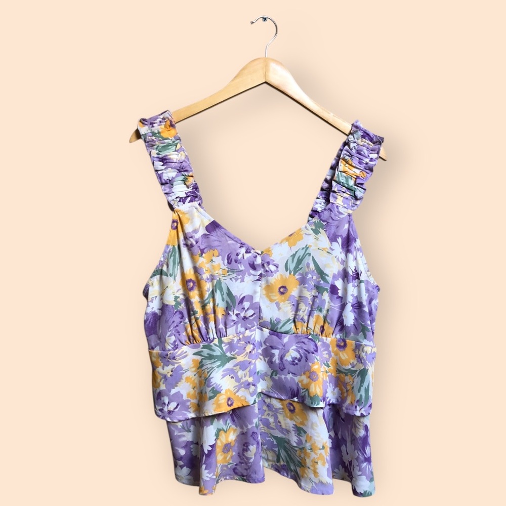 Emily Wonder NWT Purple Colorful Floral Print Ruffled Tank Top Blouse Women’s L